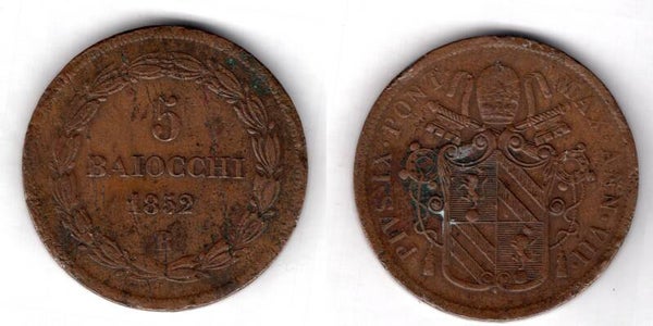 Vatican. Five Baiocchi 1852.   dy21512