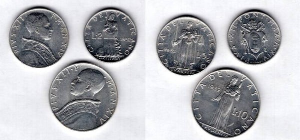 Vatican. Two, Five & Ten Lire 1952.   dy21516