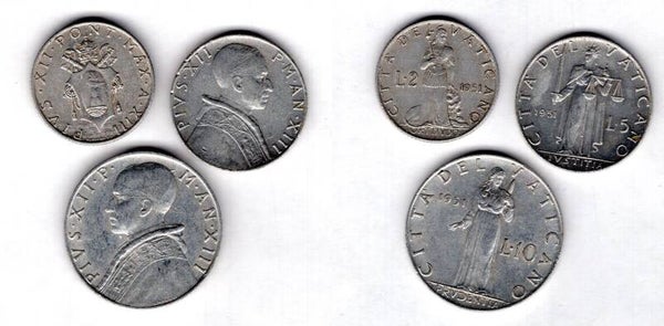 Vatican. Two, Five & Ten Lire 1951.   dy21517