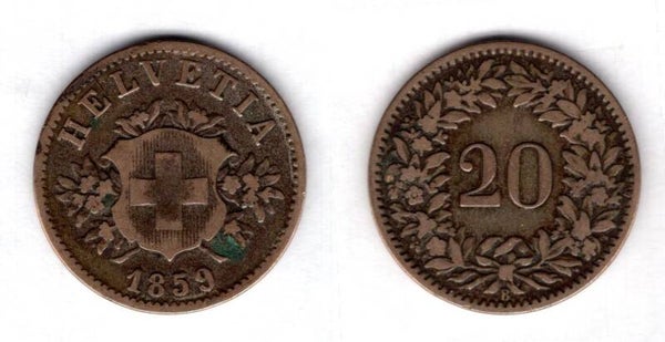 Switzerland. 20 Rappen 1859.   dy21546