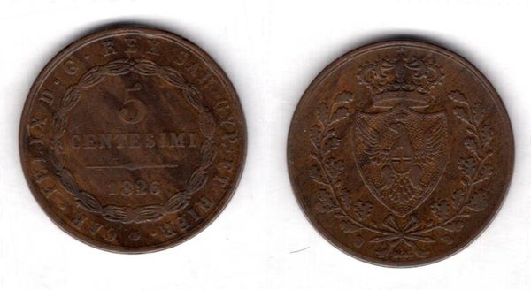 Sardinia. Five Centesimi 1826.   dy21553