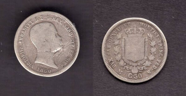 Sardinia. 50 Centesimi 1860.   dy21554
