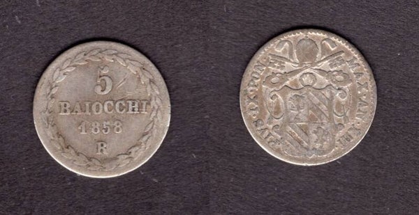 Vatican. Five Baiocchi 1858.   dy21555