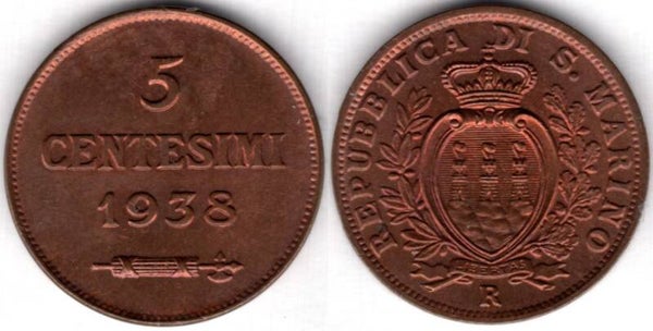 San Marino. Five Centesimi 1938.   dy21617