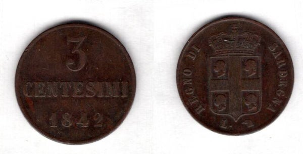 Sardinia. Three Centesimi 1842.   dy21618