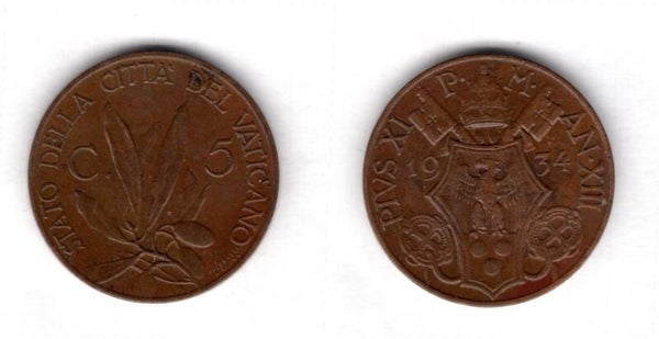 Vatican. Five Centesimi 1934.   dy21619
