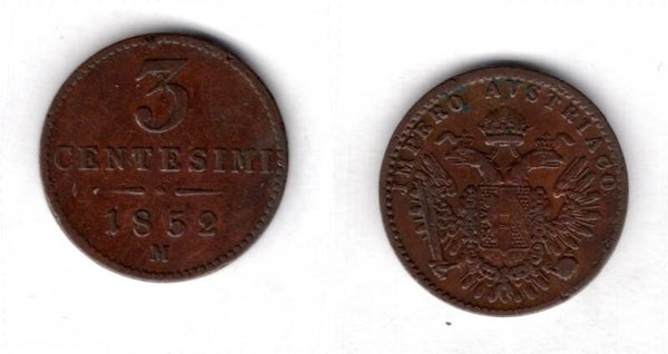 Lombardy-Venice. Three Centesimi 1852M.   dy21622
