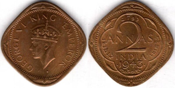 India. Two Annas 1943.  dy21722