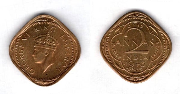India. Two Annas 1943.  dy21728