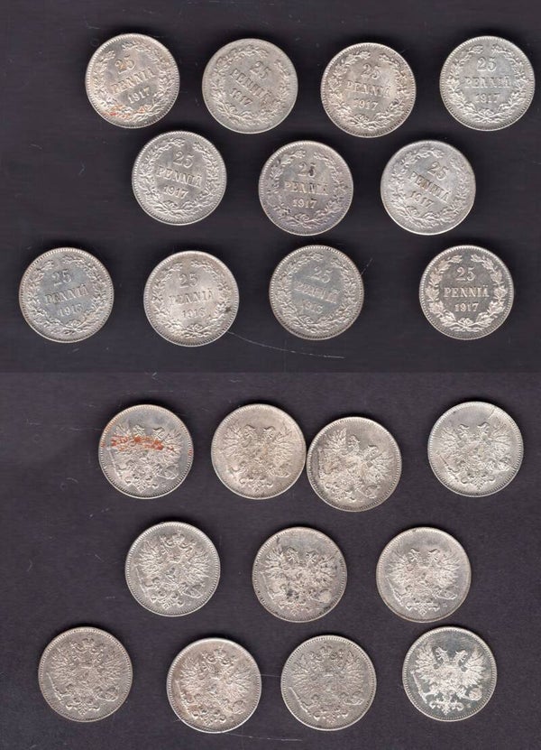 Finland. 11 x 25 Pennia 1913-1917.   dy22025