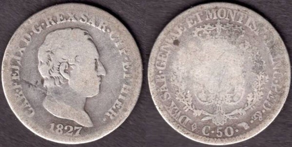 Sardinia. 50 Centesimi 1827L.   dy22041