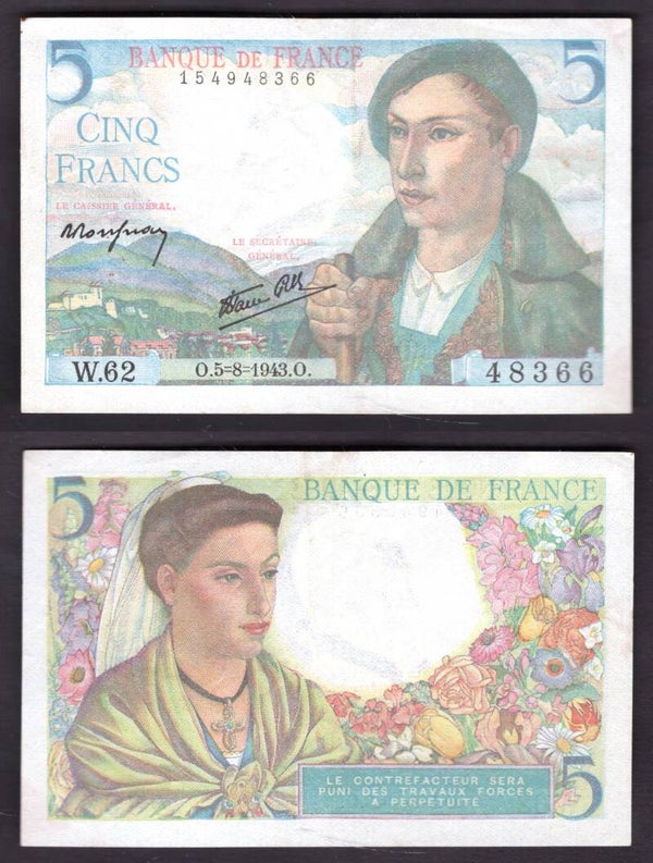 France. Five Francs 5-8-1943 Crisp GVF.     dy22064