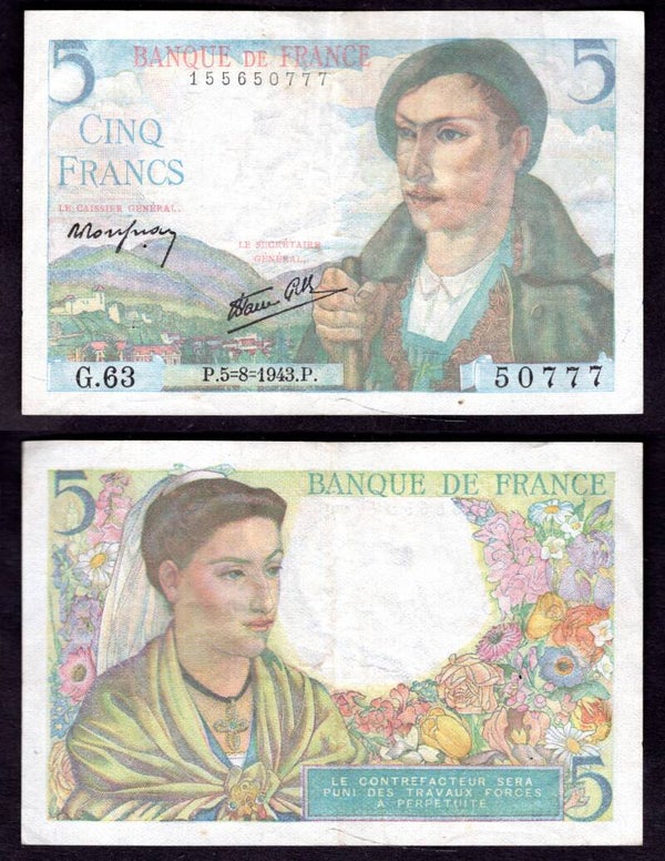 France. Five Francs 5-8-1943 Crisp NVF.     dy22067