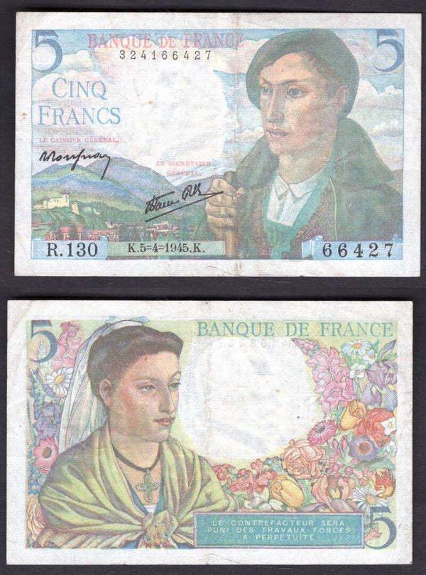 France. 5 Francs 5-4-1945 crisp VF    dy22070