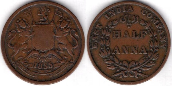 East India Company. 1/2 Anna 1835.  dy22078