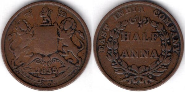 East India Company. 1/2 Anna 1835.  dy22079