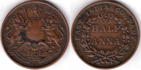 East India Company. 1/2 Anna 1835.  dy22081