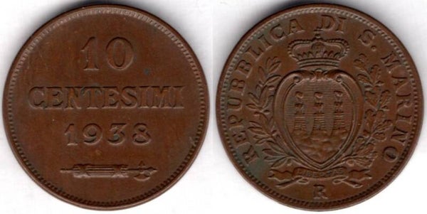 San Marino. Ten Centesimi 1938.   dy22084