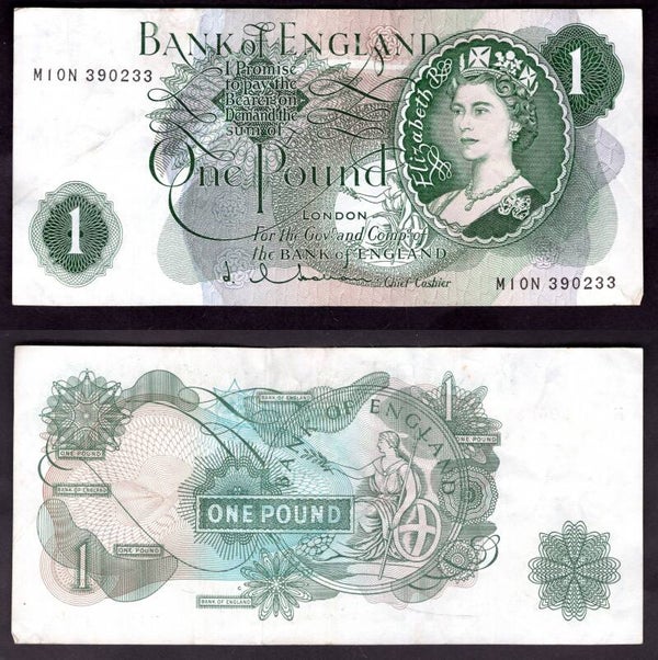 Hollom. £1 (1963) "G" replacement M10N 390233 Crisp F-VF.   dy22179