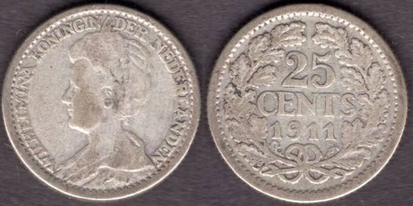 Netherlands. 25 Cents 1911.   dy22316
