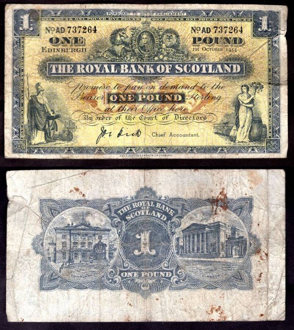 Royal Bank. £1 Oct 1954 Good.  dy22374