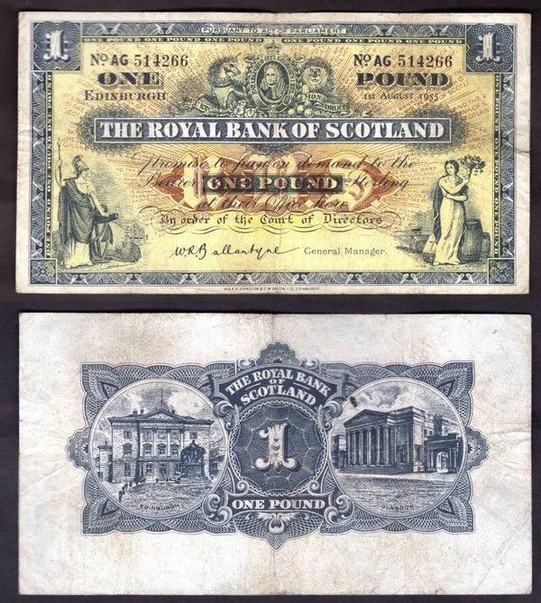 Royal Bank. £1 Aug 1955 F-VF.  dy22380