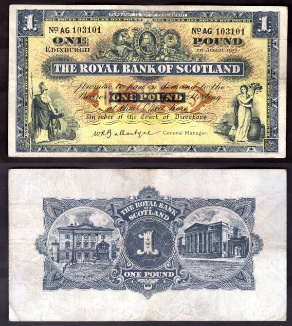 Royal Bank. £1 Aug 1955 F-VF.  dy22384