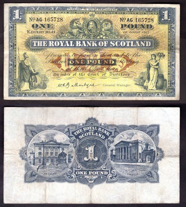 Royal Bank. £1 Aug 1955 F-VF.  dy22386