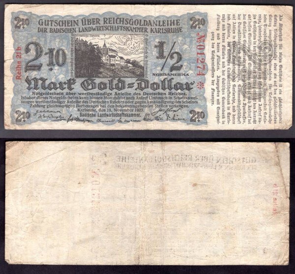 Karlsruhe. Half Mark Gold = Dollar November 1923 GF+.  dy22461