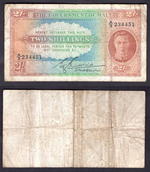 Malta. Two Shillings (1942) A/3 234451 map watermark GF.  dy22463