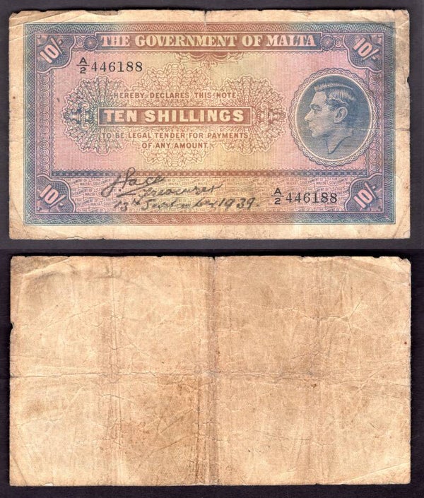 Malta. Ten Shillings 1939 A/2 446188 VG.  dy22466