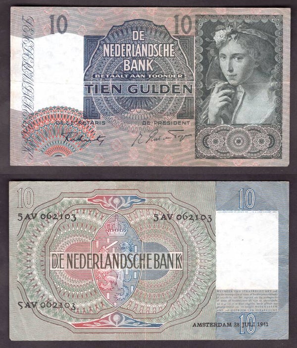 Netherlands. Ten Guilders 1941 Crisp F-VF.  dy22498