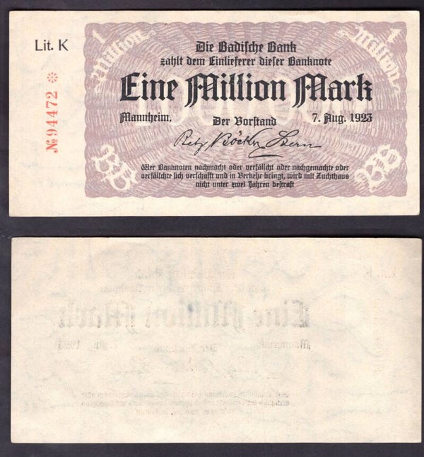 Badische Bank. One Million Mark 1923 EF.  dy22507