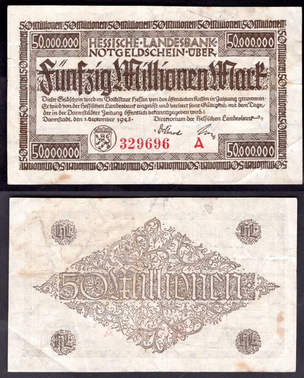 Hessische Landesbank. 50 Million Mark 1923 Crisp F-VF.  dy22510