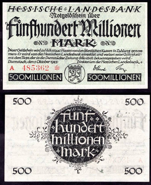Hessische Landesbank. 500 Million Mark 1923 Crisp VF-EF.  dy22511