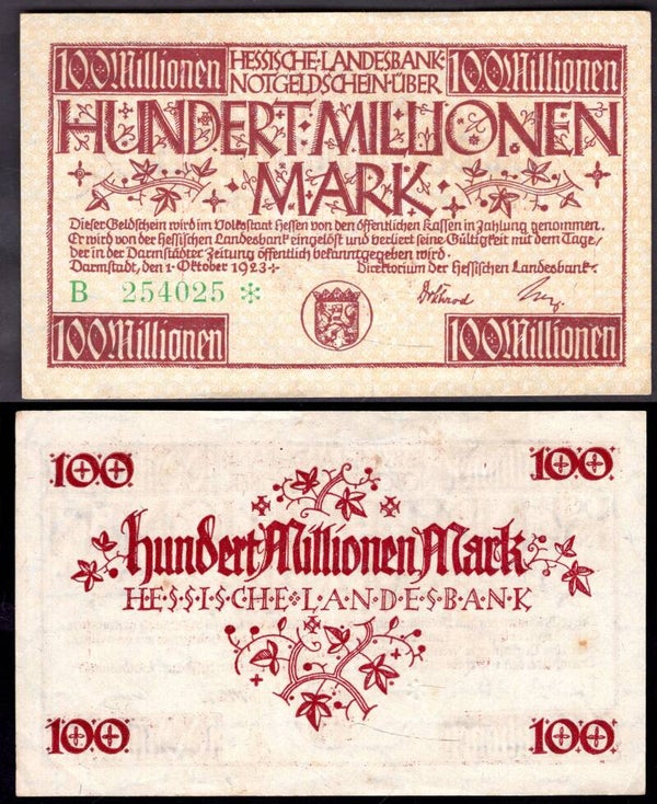 Hessische Landesbank. 100 Million Mark 1923 Crisp VF.  dy22512