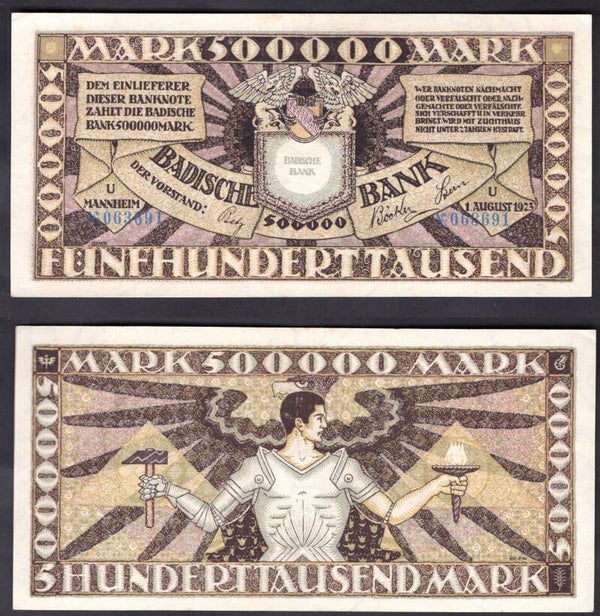 Badische Bank. 500,000 Mark 1923 NEF.  dy22513