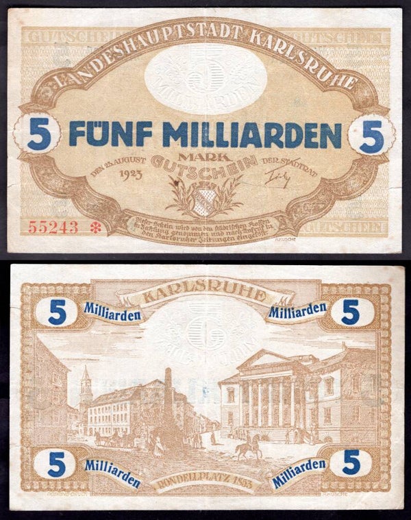 Karlsruhe. Five Milliarden Mark 1923 Crisp VF.  dy22519