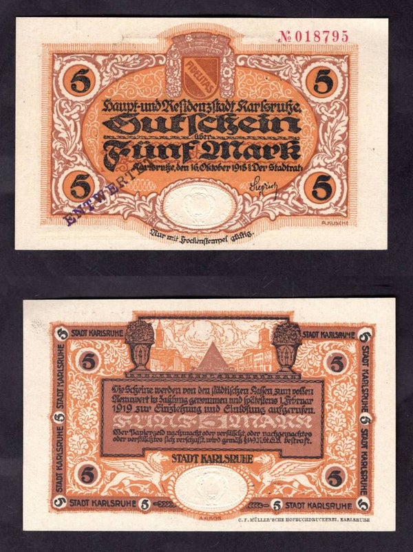 Karlsruhe. Five Mark 1918 Cancelled AU+.  dy22520