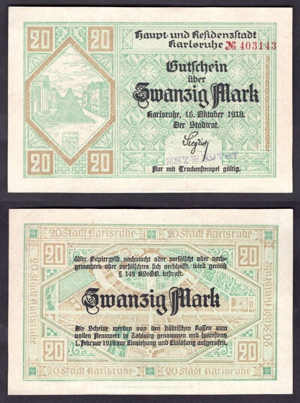 Karlsruhe. 20 Mark 1918 EF.  dy22521