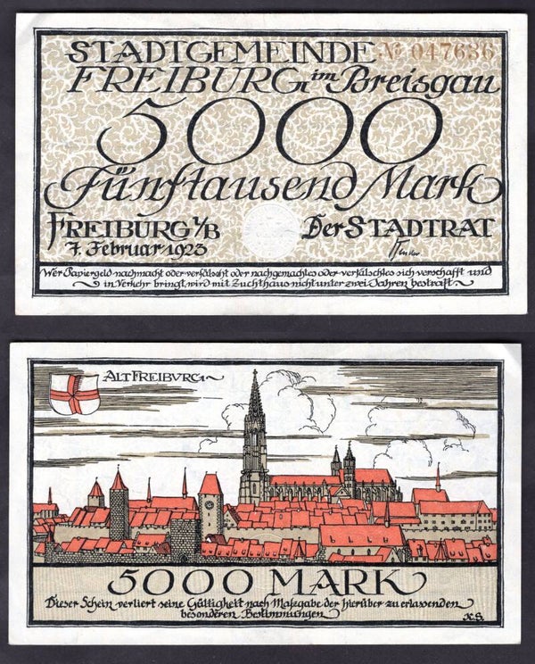 Freiburg im Breisgau. 5,000 Mark 1923 VF-EF.  dy22523