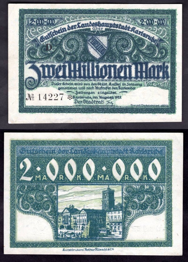 Karlsruhe. Two Million Mark 1923 Crisp VF.  dy22525