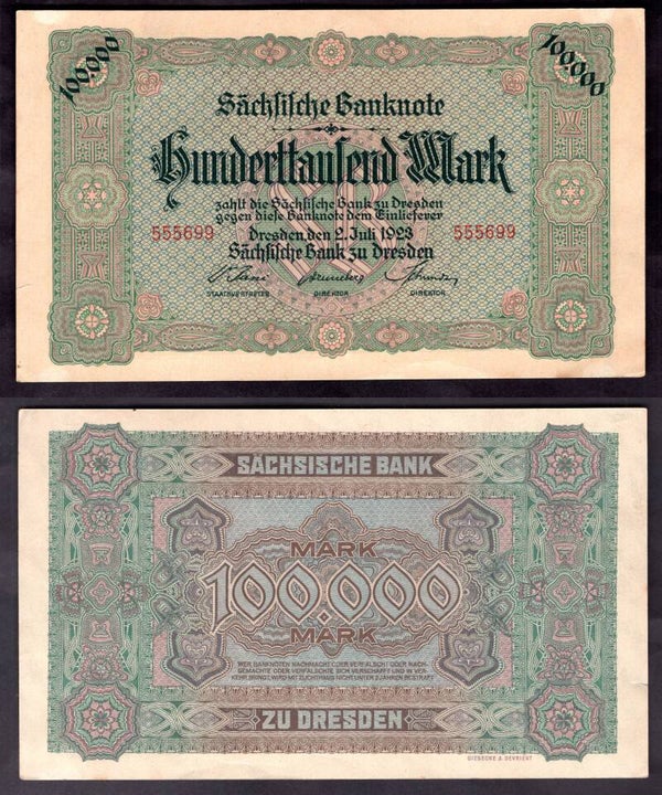Saxony Bank. 100,000 Mark 1923 VF-EF.  dy22533