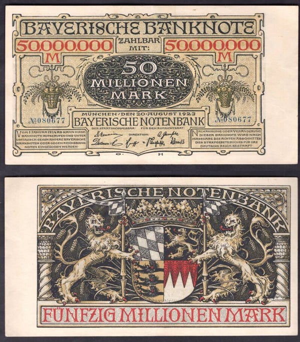Germany. Bayerische Bank. 50 Million Mark August 1923. VF-EF.  dy22537