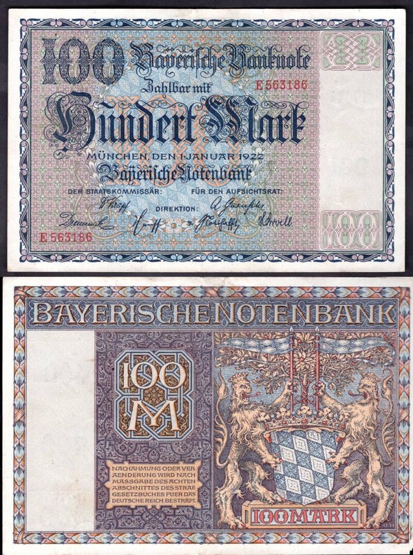 Bayerische Bank. 100 Mark 1922 Crisp VF.  dy22538