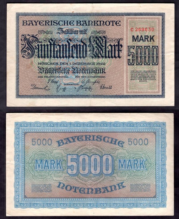 Bayerische Bank. 5,000 Mark 1922 Crisp VF.  dy22540