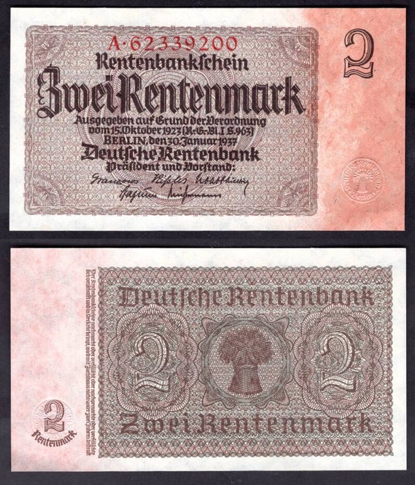 Germany. Two Rentenmark 1937 AU.  dy22547