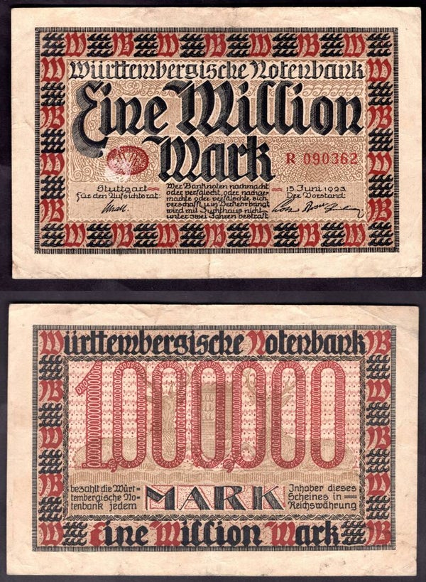 Wurtemberg Bank. One Million Mark 1923 F-VF.  dy22555