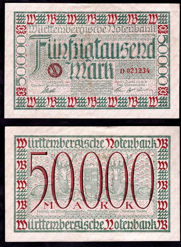 Wurttemberg Bank. 50,000 Mark 1923 Crisp VF.   dy22556