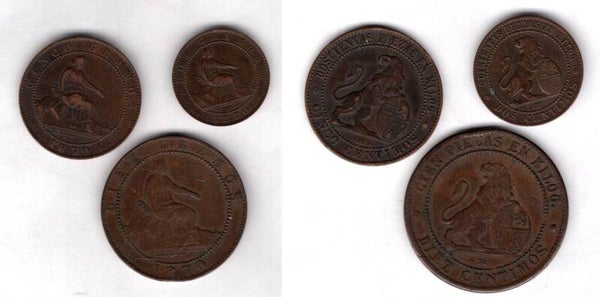 Spain. Two, Five & Ten Centavos 1870.   dy22607
